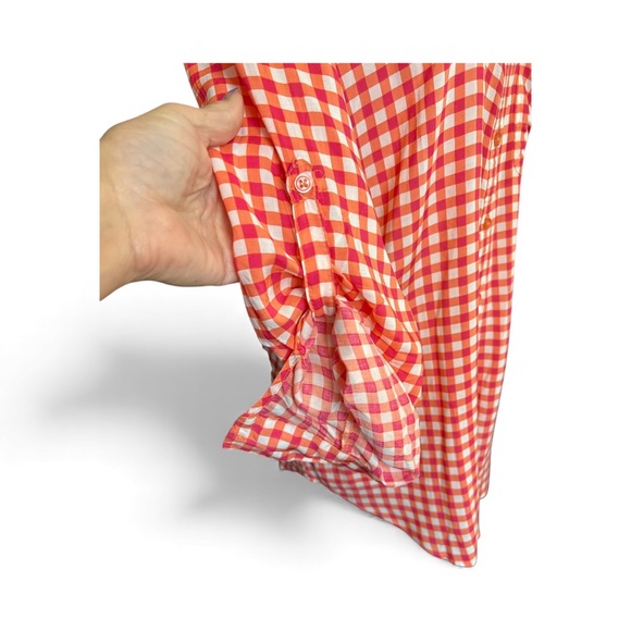 💖🧡 EUC GRAND & GREEN Pink & Orange Checkered Button-Down Blouse | Sz L - Picture 4 of 8